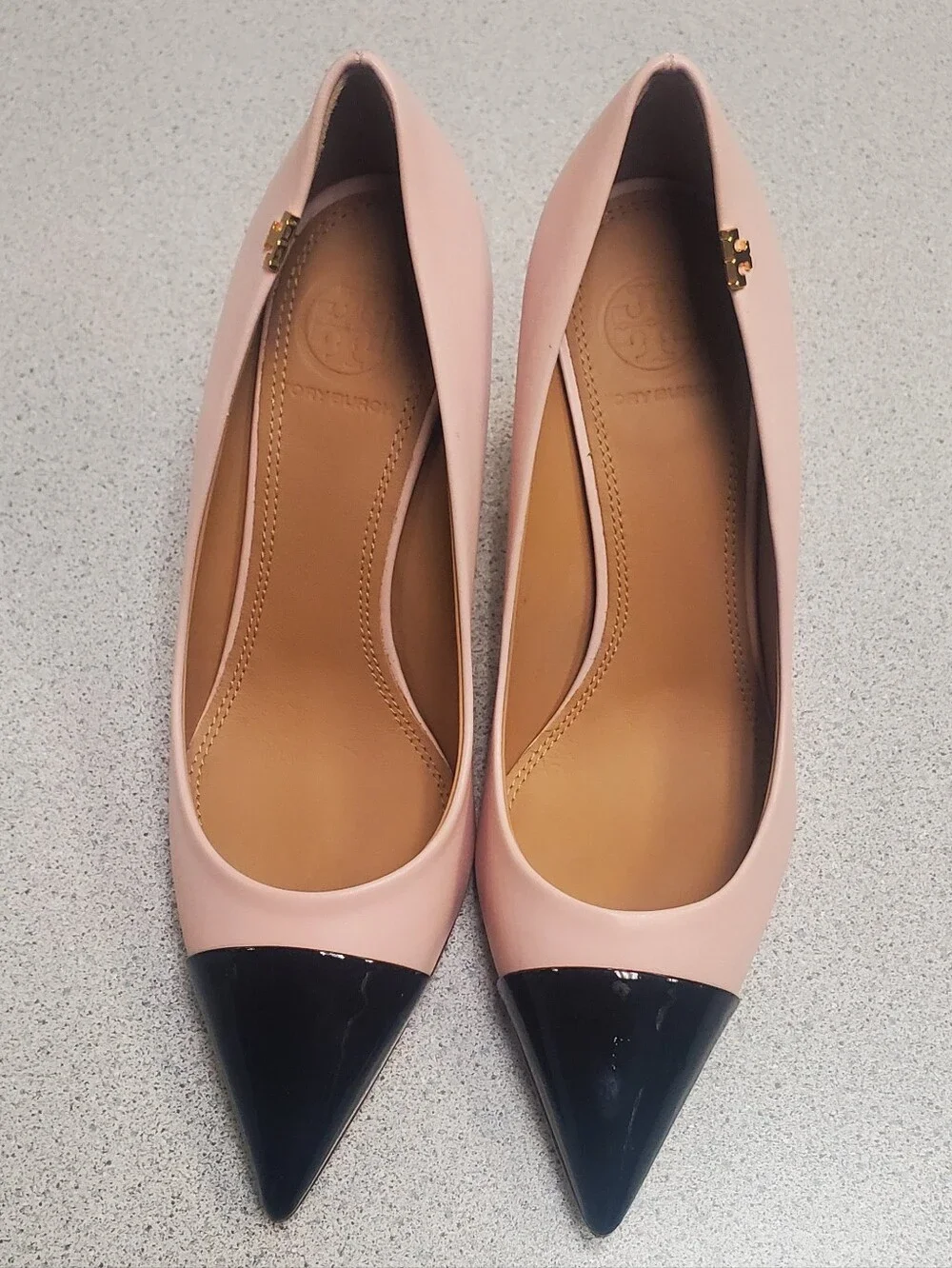 Tory Burch Blush Pink Pointed-Toe Pumps with Black Patent Cap